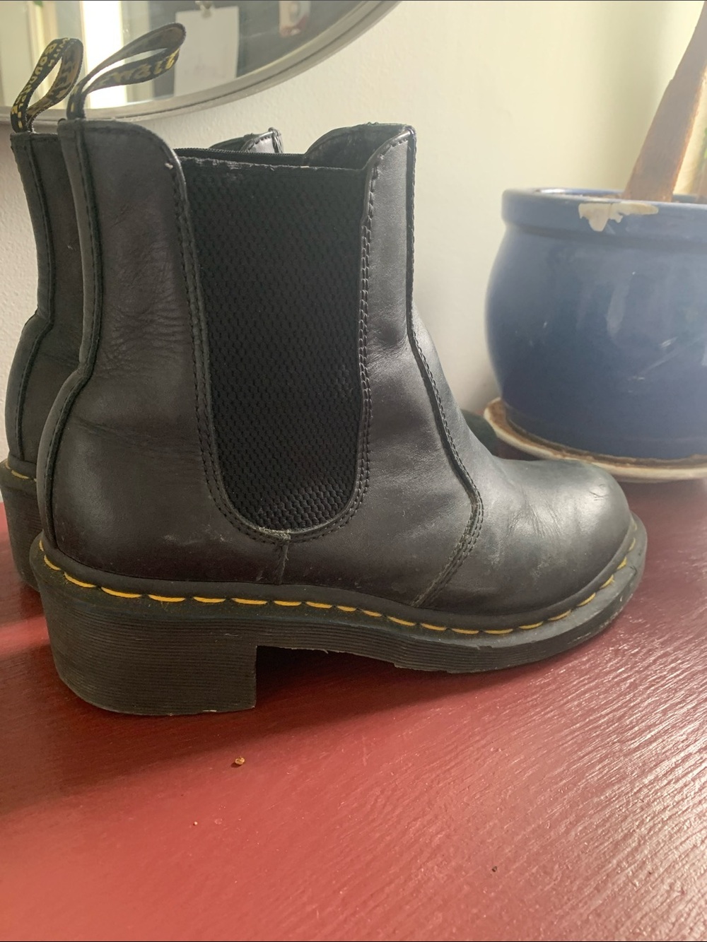 Dr. Martens Black Chelsea Platform Ankle Boots with Yellow Stitching